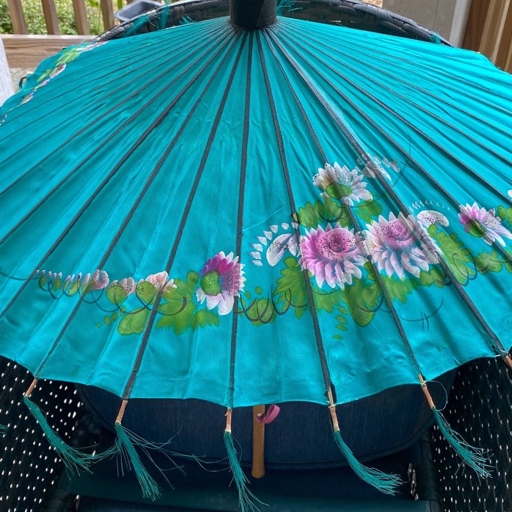 Elegant Teal Parasol with Floral Design